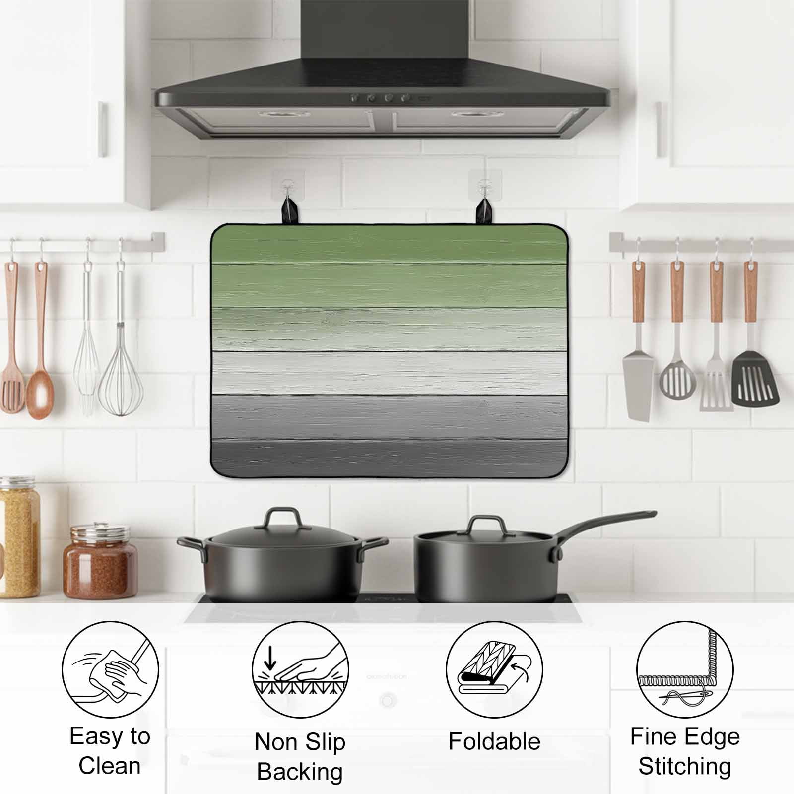 Sage Green Gray Stove Top Cover for Electric Stove, Heat-proof & Non Slip Glass Top Stove Cover Protector, Vintage Country Ombre Chic Wooden Grain Kitchen Flat Cooktop Rubber Mat 28.5x20.5 Inches