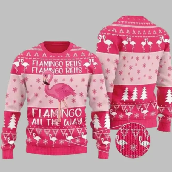 Pink Flamingo All The Way 3D Christmas Sweater
