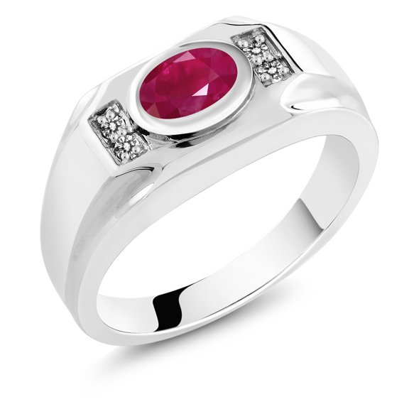Gem Stone King Men's 925 Sterling Silver Red Ruby and White Diamond Ring (2.02 Cttw, Gemstone July Birthstone, Oval 8X6MM,, Size 8)