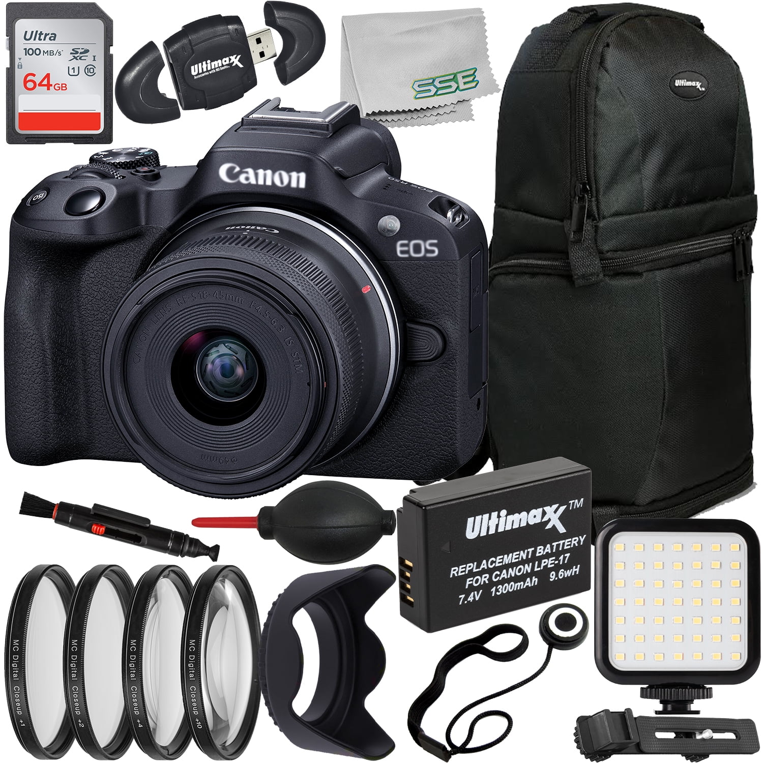 Ultimaxx Essential Canon EOS R50 Mirrorless Camera w/ 18-45mm Lens Bundle - Includes: 64GB Ultra Memory Card, 4PC Macro Close-Up Filter Kit & More (22pc Bundle)