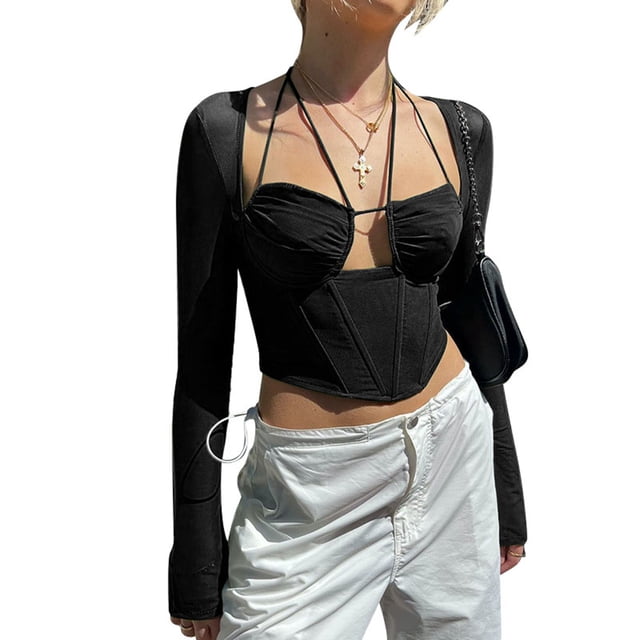 Mujeres Crop Top manga larga pecho plisado hueco fuera moda Halter verano Top para citas compras