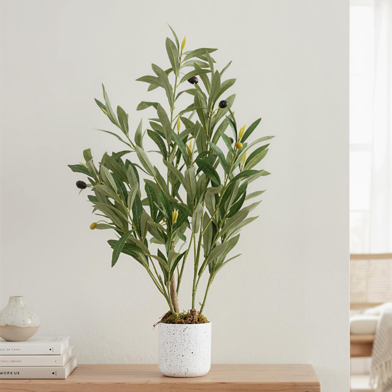 2FT Faux Olive Tree, Artificial Olive Trees with Lifelike Olive Branche and Fruits, Fake Floor Plants with Pot for Indoor Home Office Living Room Outdoor Decor
