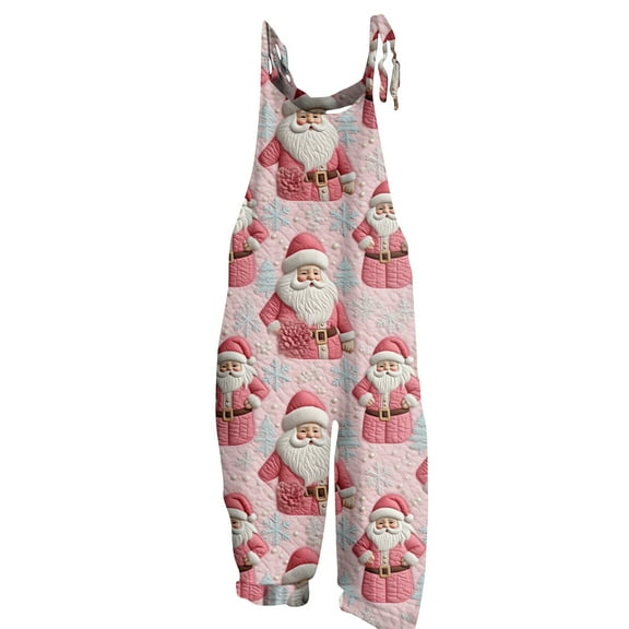 Women's Sleeveless Christmas Printed Cotton Jumpsuit - Casual Loose-Fit Romper, Dark Red Size L
