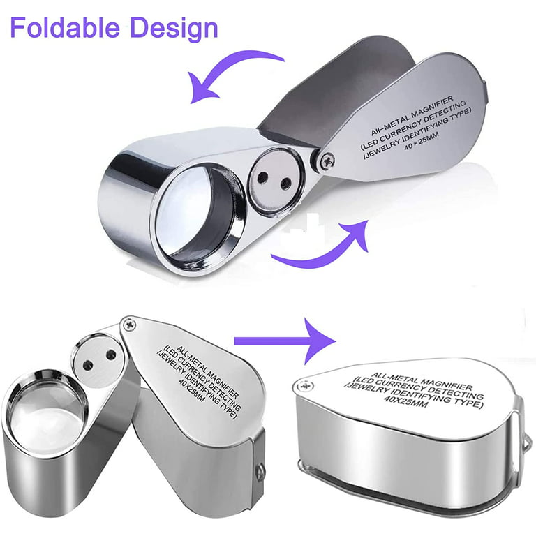 40X Full Metal Jewelry Loop Magnifier, Pocket Jewelers Eye Loupe, Best  Magnifying Glass Folding LED/UV Illuminated Magnifiers for Rocks,Coins,  Stamps