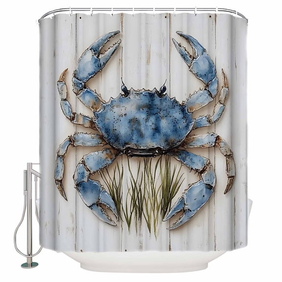 Blue Crab Coastal Bathroom Shower Curtains with 12 Hooks Polyester Waterproof Shower Curtain for Stalls and Bathtubs Vintage Beach Nautical Coral Sea Decorative Bathroom Privacy Curtain 36x78 Inches