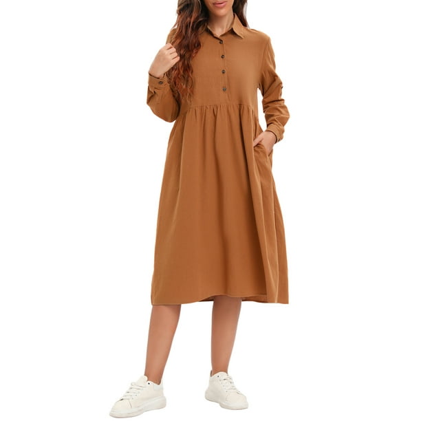 Vestido, Vestido suelto de mujer con bolsillos Manga larga Vestido vintage de talla grande Meterk Medio
