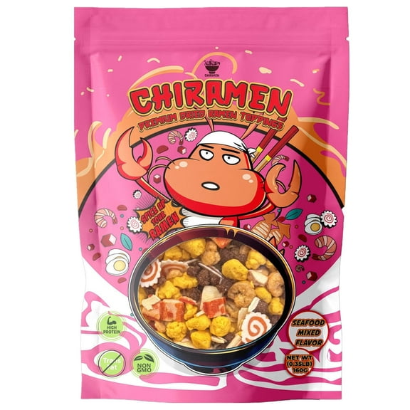 Chiramen Premium Dried Ramen Toppings, Dehydrated Seafood Protein Mixed (Shrimp, Squid Slice, Fish Cake, Imitation Crab, Eggs, Plant Based Beef), 64g Protein total, Non GMO, Resealable Bag.