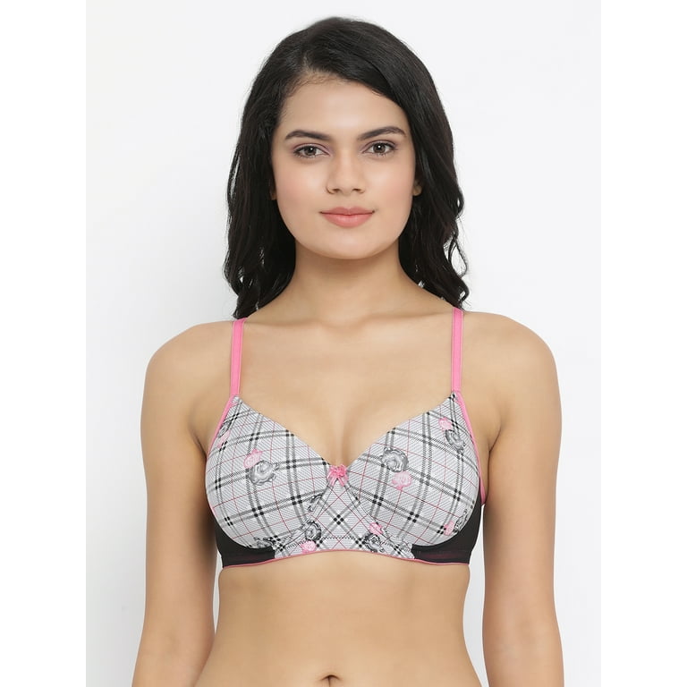 Clovia Padded Non-Wired Full Coverage Printed T-Shirt Bra in Light Grey
