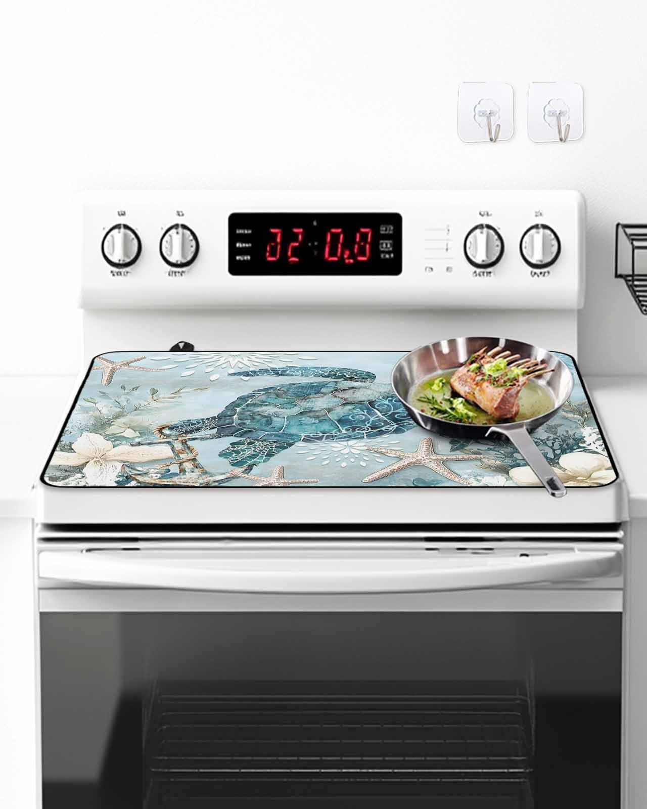 Stove Top Covers for Electric Stove, Teal Turtle Coastal Glass Stovetop Cover Protector, Summer Beach Nautical Starfish Induction Cooktop Protector Oven Mat for Kitchen Countertop 24"x21"