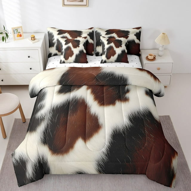 Ensemble de Couette Imprimé Vache Mignon 7 Pcs, Couette en Peau de Vache Style Ferme Taille Simple pour Lit Réversible, Lit Rustique Occidental avec Couette, Draps, Taies d'Oreiller et Housses de Coussin