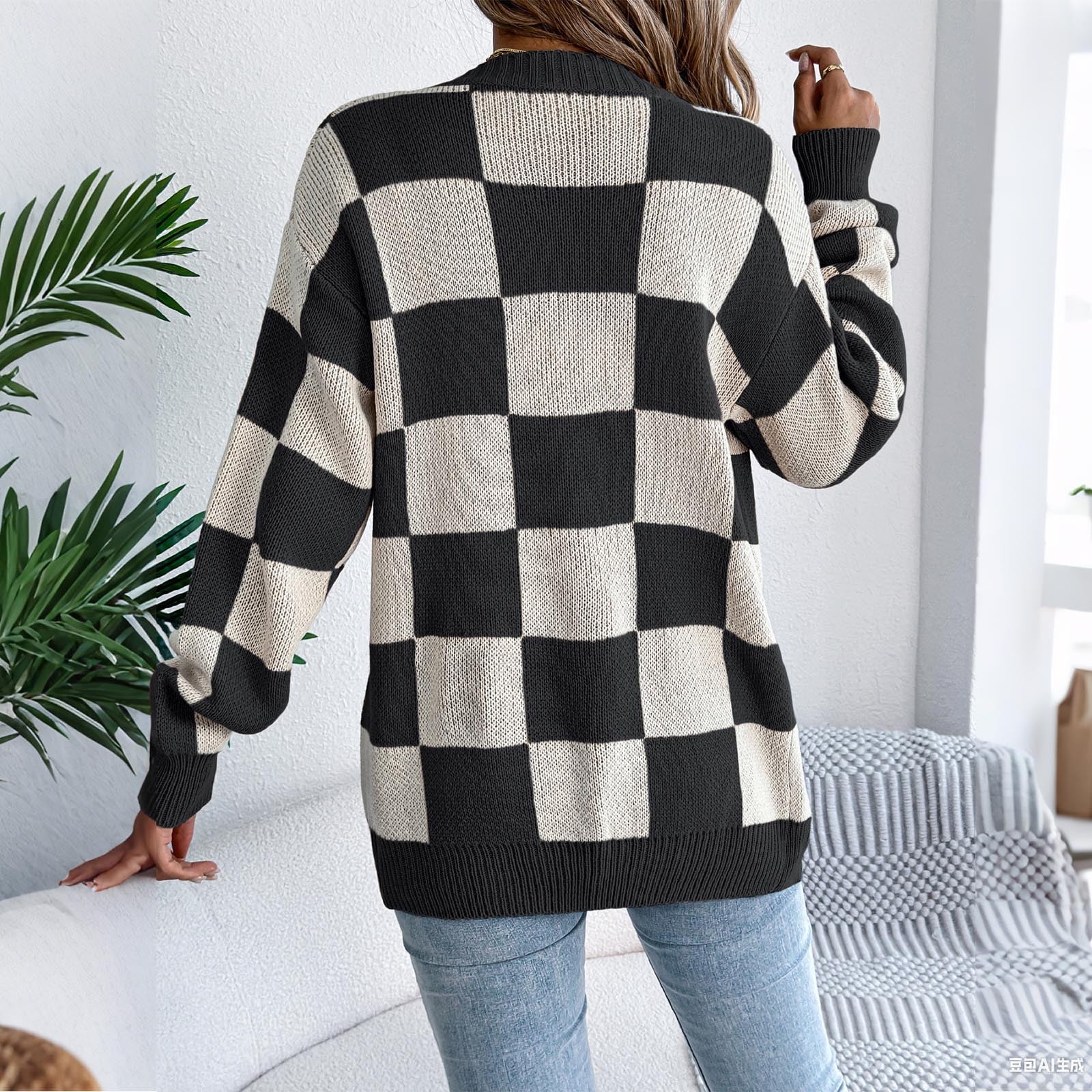 Women's Oversized Cardigan Sweater Checkered Open Front Shurg Jacket Fall Outerwear Black M - image 5
