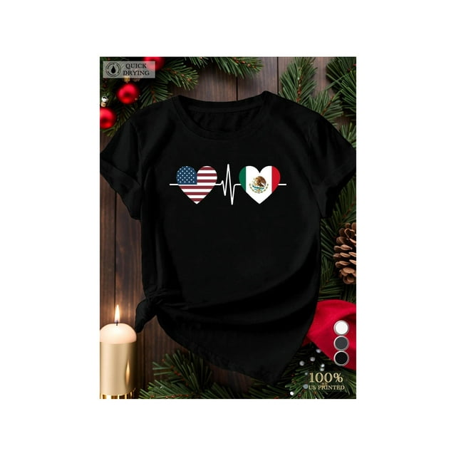 1pc Women's Fitted T-Shirt with uSa & Mexico Flag Heart Design - 100%, Machine Washable, all-Season Comfort Fit, Vibrant Digital Print, Perfect for Casual Wear or Gifting, Patriotic Clothing | Pa