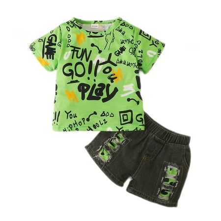 

Baby Boys Clothes Letter Print Short Sleeve T-shirt Top +Ripped Jeans Shorts 2Pcs Outfits Set 3-6 Months Green