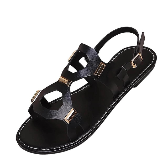 Cinturón de Cuero de Patente Negro Estilo de las Mujeres Hueco Fuera Sandalias Planas, Sandalias de Playa Negras para las Mujeres de Verano de Tamaño Grande