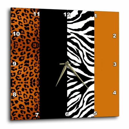 - 3dRose Orange Black and White Animal Print - Leopard and Zebra, Wall Clock, 15 by 15-inch