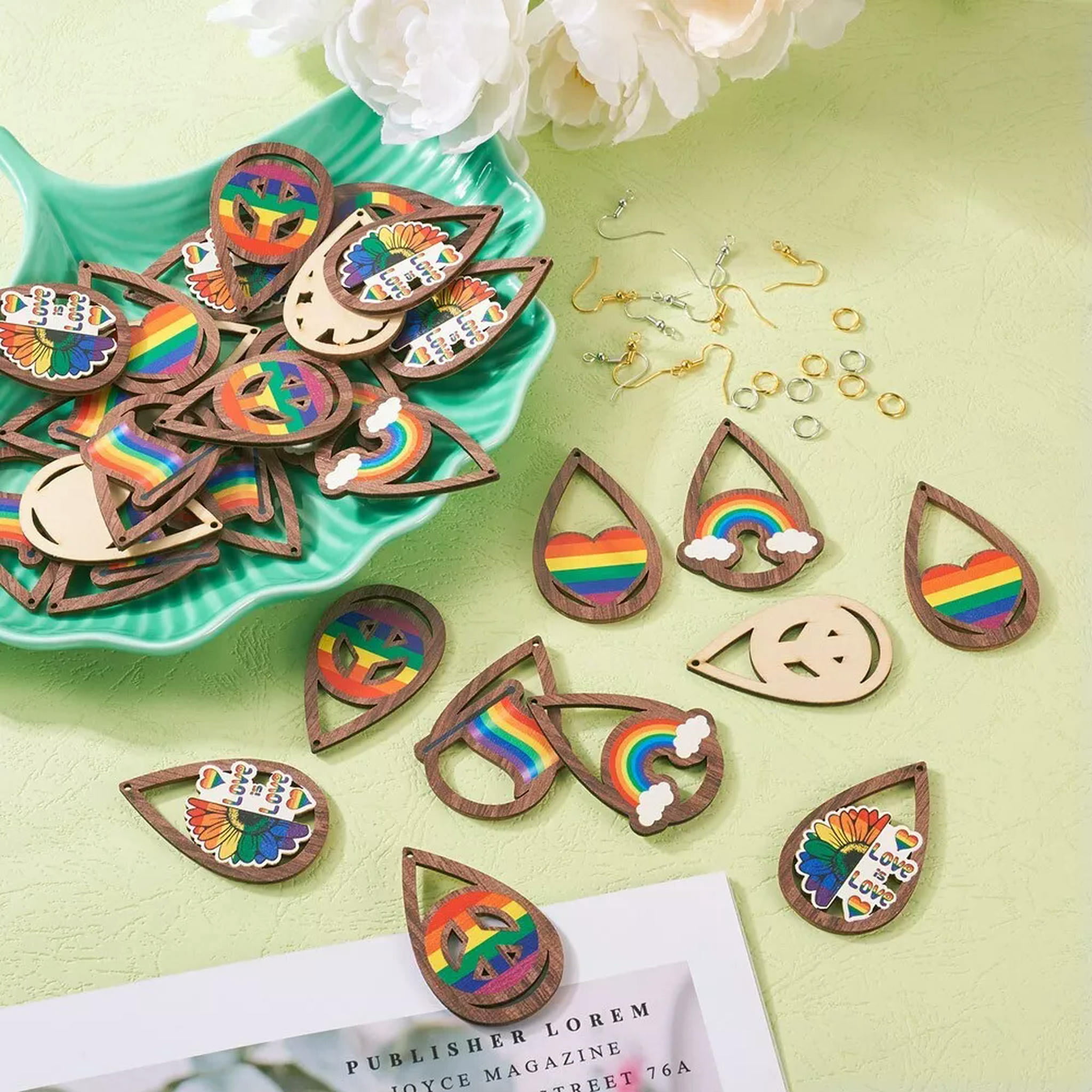 U8MO 200Pcs/box Teardrop Heart Peace Sign DIY Rainbow Color Pride Earring Making Kits