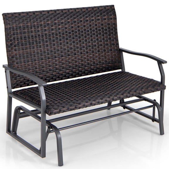 Gymax Outdoor Swing Glider Bench 2-Person Rattan Woven Glider Loveseat w/ Foam Seat