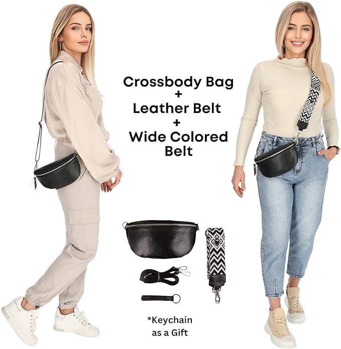 Leather Waist Belt Bag with 2 Detachable Straps, Stylish Unisex Crossbody Hip Pack for Travel, Italien Handcrafted Fanny Pack in 8 Colors