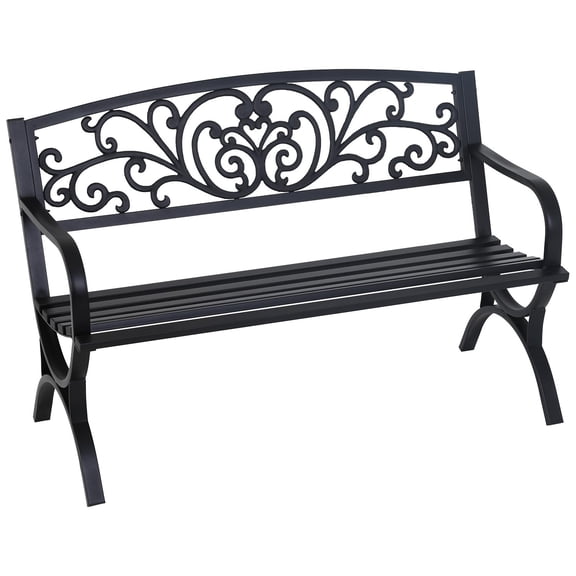 BORGEBY Outdoor 50 Inches Garden Bench, Metal Loveseat Chairs with Floral Design Backres and Arch Legs, for Park, Yard, Porch, Lawn, Balcony,