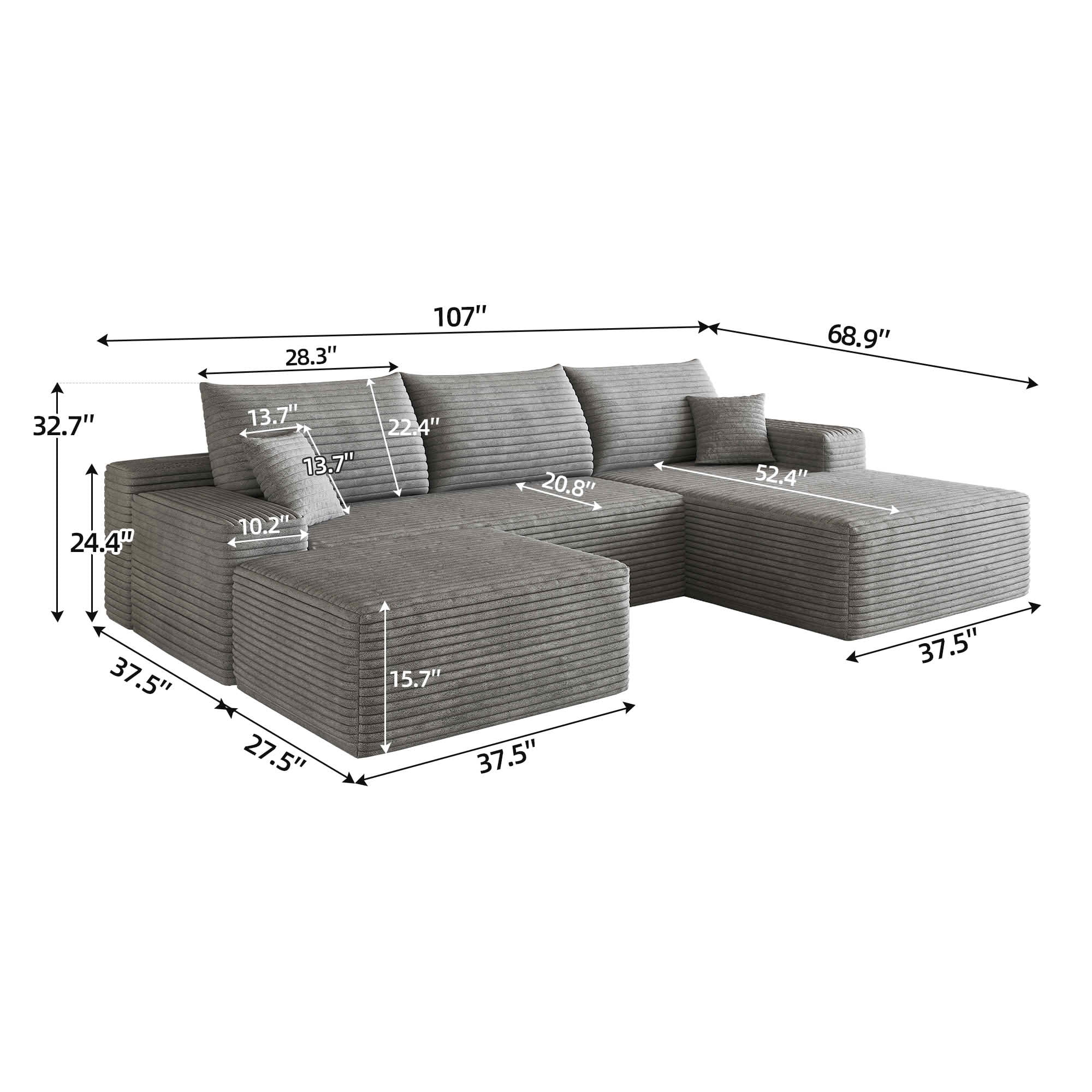 MAYEERTY 107" Cloud U-Shaped Sectional Sofa with 1 Ottoman, Plush Corduroy Deep Seat Modular Couch, No Assembly for Living Room