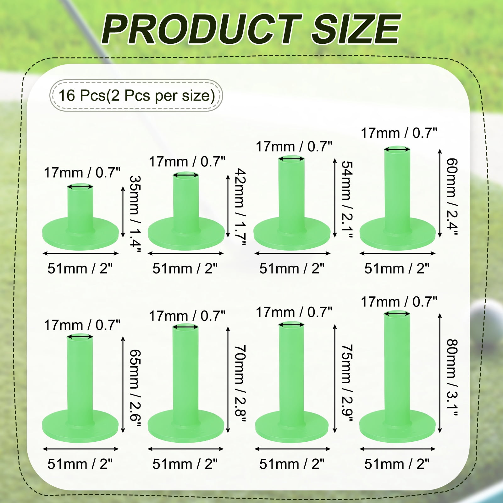 Uxcell Rubber Golf Tees for Mats, 8 Size & 16Pcs & Green Unbreakable Golf Training Tees Simulator Practice-Fitting for (Indoor Outdoor Practice Backyard Home Office Driving Range)