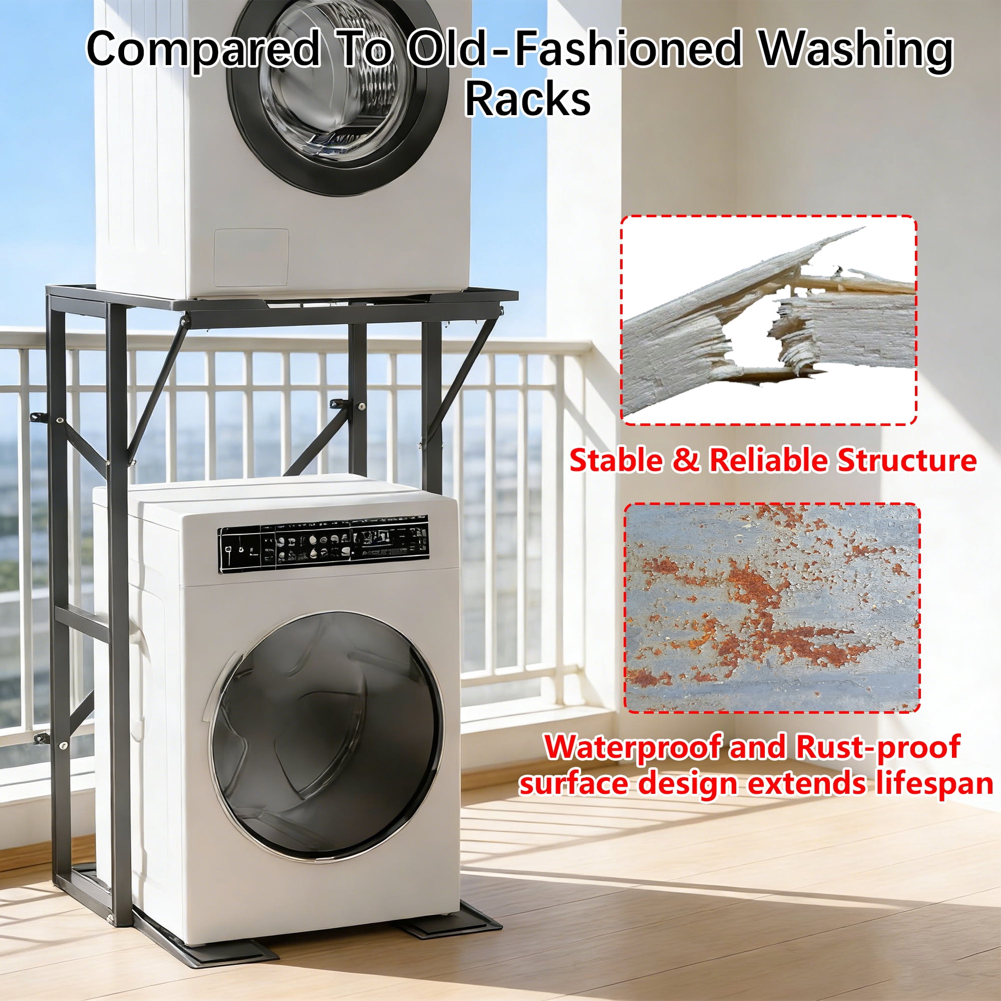 Universal Washer Dryer Stacking Stand, Heavy Duty Steel Washer Dryer Stacking Kit with Anti-Tip Brackets & Non-Slip Pads, Space Saving Laundry Appliance Stand