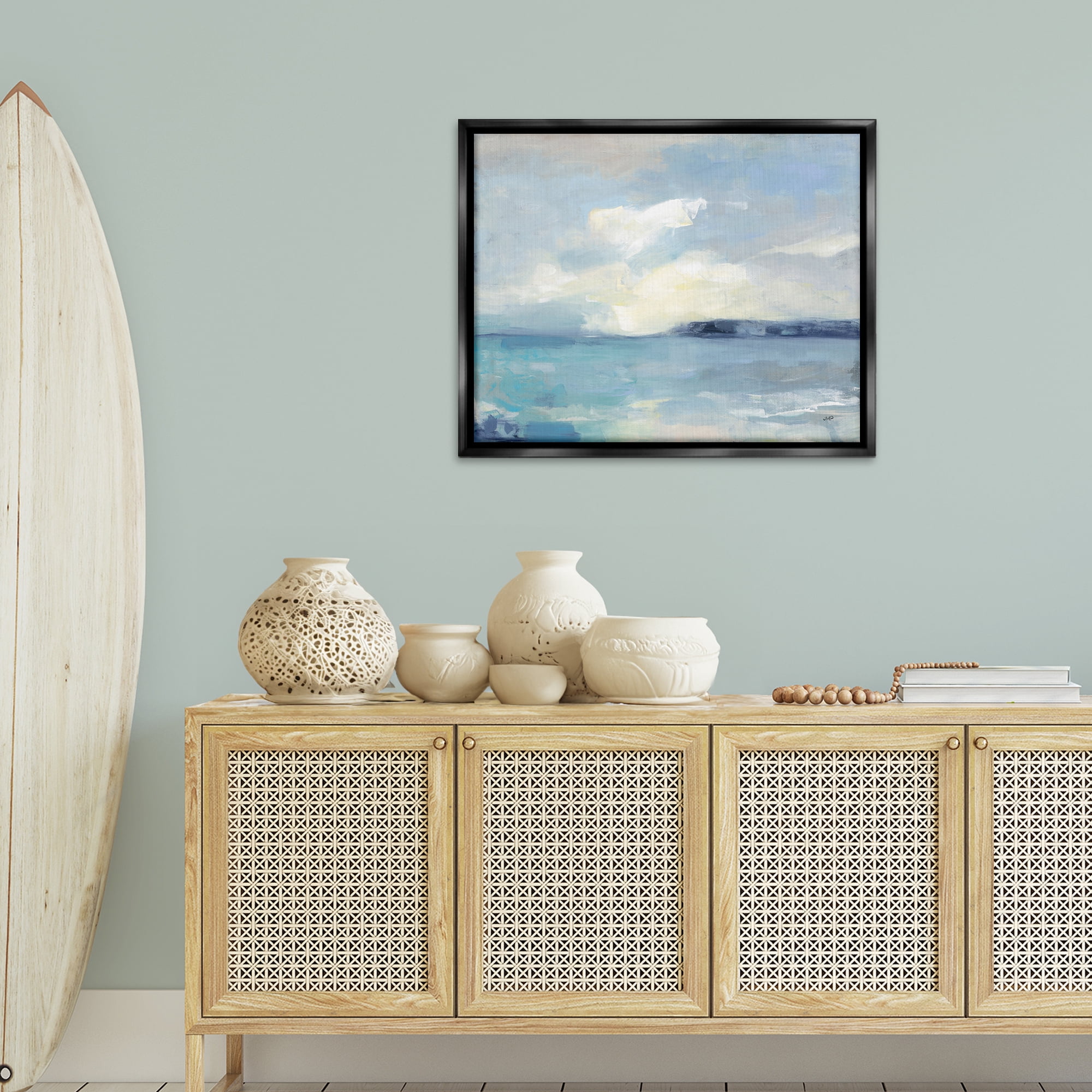 Stupell Industries Sunny Peninsula Seascape Landscape & Nature Painting Black Floater Framed Canvas Art Print Wall Art, 31 x 25