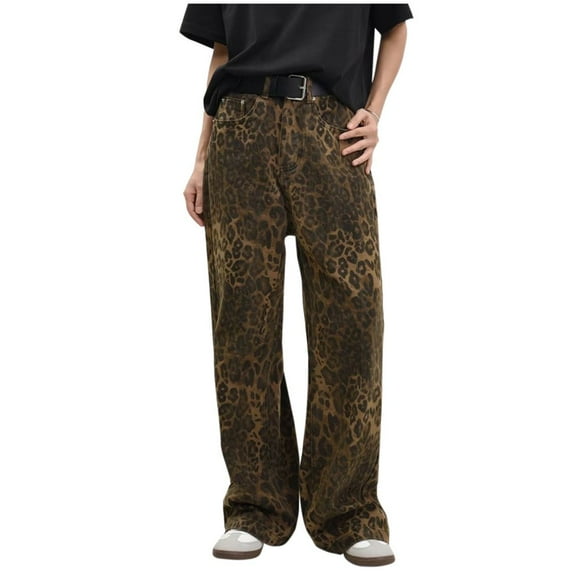 JUNWELL DxhmoneyHX Womens Leopard Print Jeans High Waisted Cheetah Print Pants Straight Leg Baggy Jeans Y2k Wide Leg Jeans