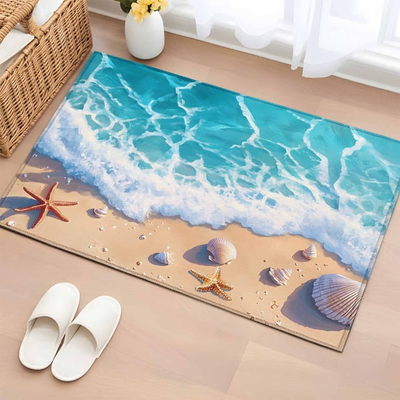 2x3 Ft Entryway Area Rug, Ocean Beach Kitchen Rug Runner Washable Floor Mat, Coastal Nautical Starfish Shells Sea Waves Non Slip Indoor Door Mat Throw Carpet for Bathroom Living Room Bedroom