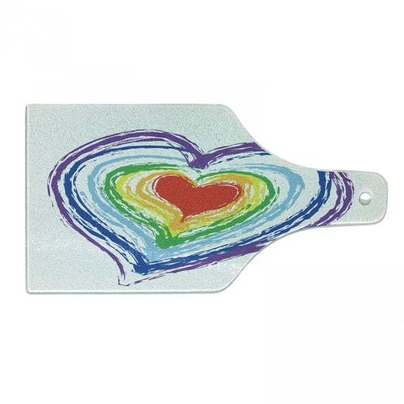 Love Cutting Board, Love Themed Nested Rainbow Heart with a Simplistic Style Vibrant Colored Work of Art, Tempered Glass Cutting and Serving Board, Wine Bottle Shape, Multicolor, by Ambesonne