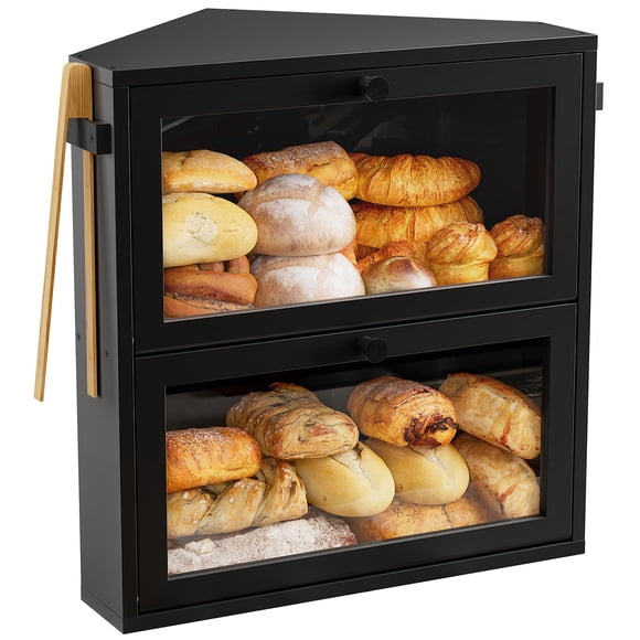 WOWLIVE Corner Bread Box for Kitchen Countertop, Large Double Layer Bread Storage Container for Homemade Bread, Black Bread Holde