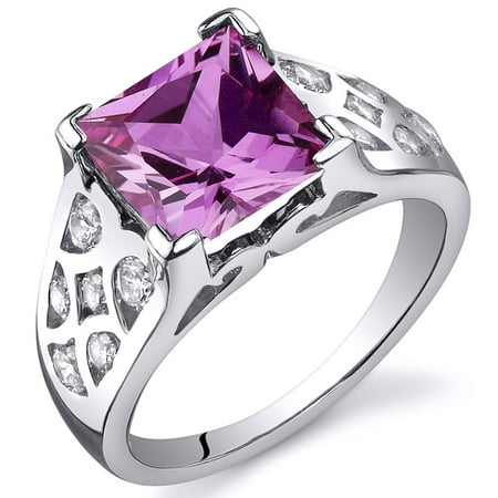 Peora 3.25 Ct Created Pink Sapphire Engagement Ring in Rhodium-Plated Sterling Silver