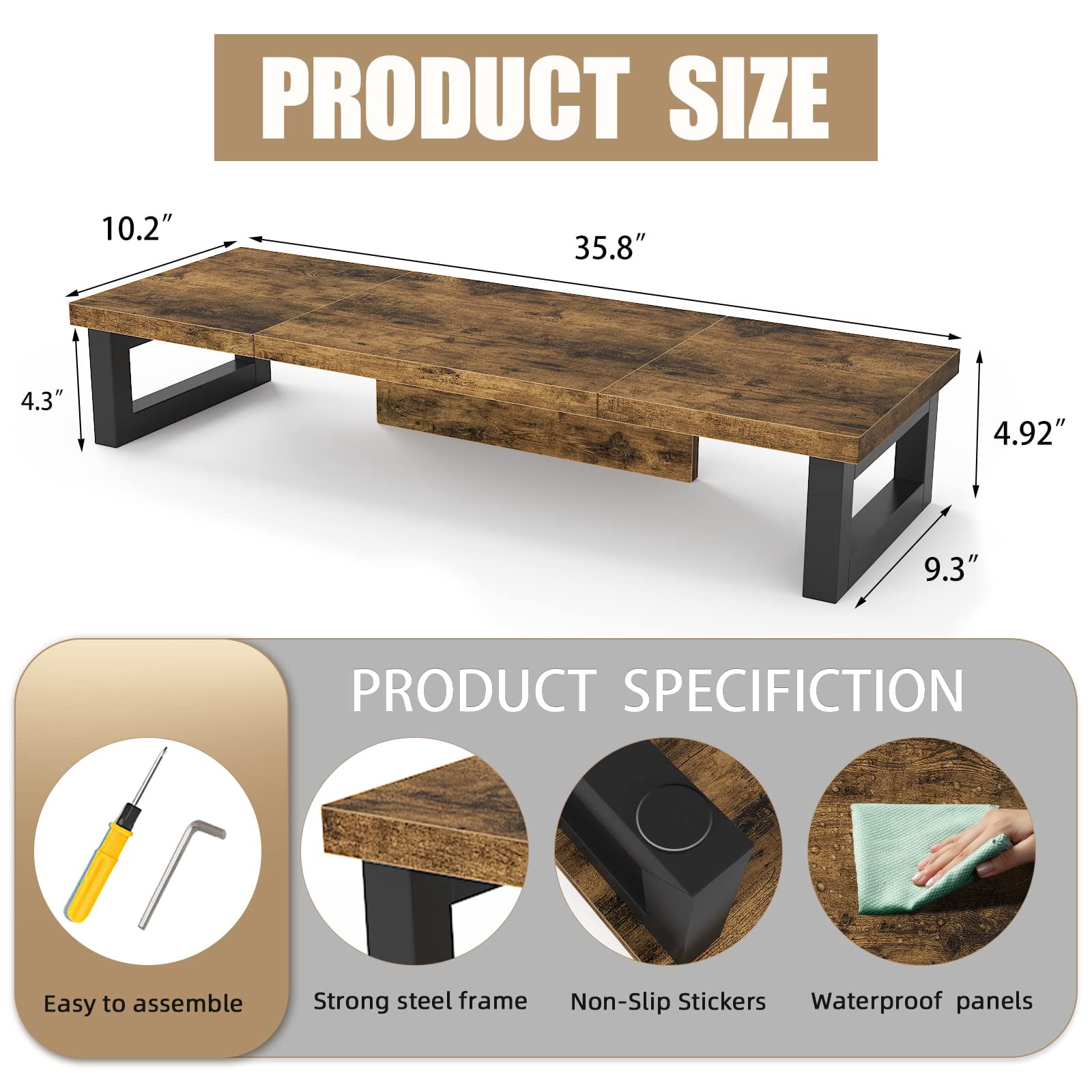 Dual Monitor Stand Riser  Wood And Steel Computer For 2 Monitors Multi-purpose Desktop Storage Laptop Printer Tv