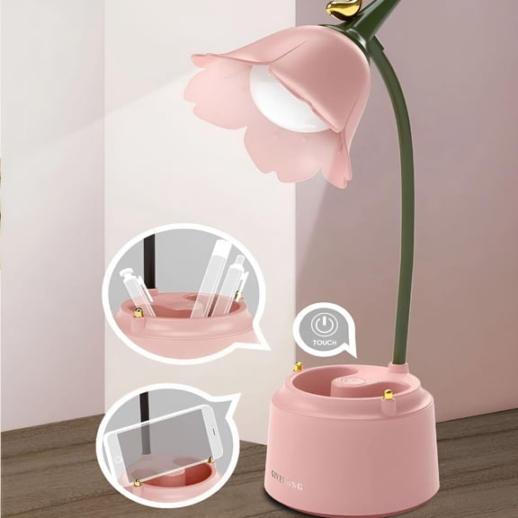 HIBIBUD Cute Desk Lamp Rechargeable LED Night Light Table Lamp for Bedroom Flowers Reading Light with Pen Holder 3 Color Modes&Dimming