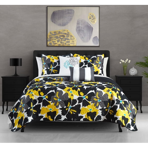 Chic Home Aster 7 Piece Quilt Set Contemporary Floral Design Bed In A Bag - Sheet Set Decorative Pillows Sham Included, Twin, Black