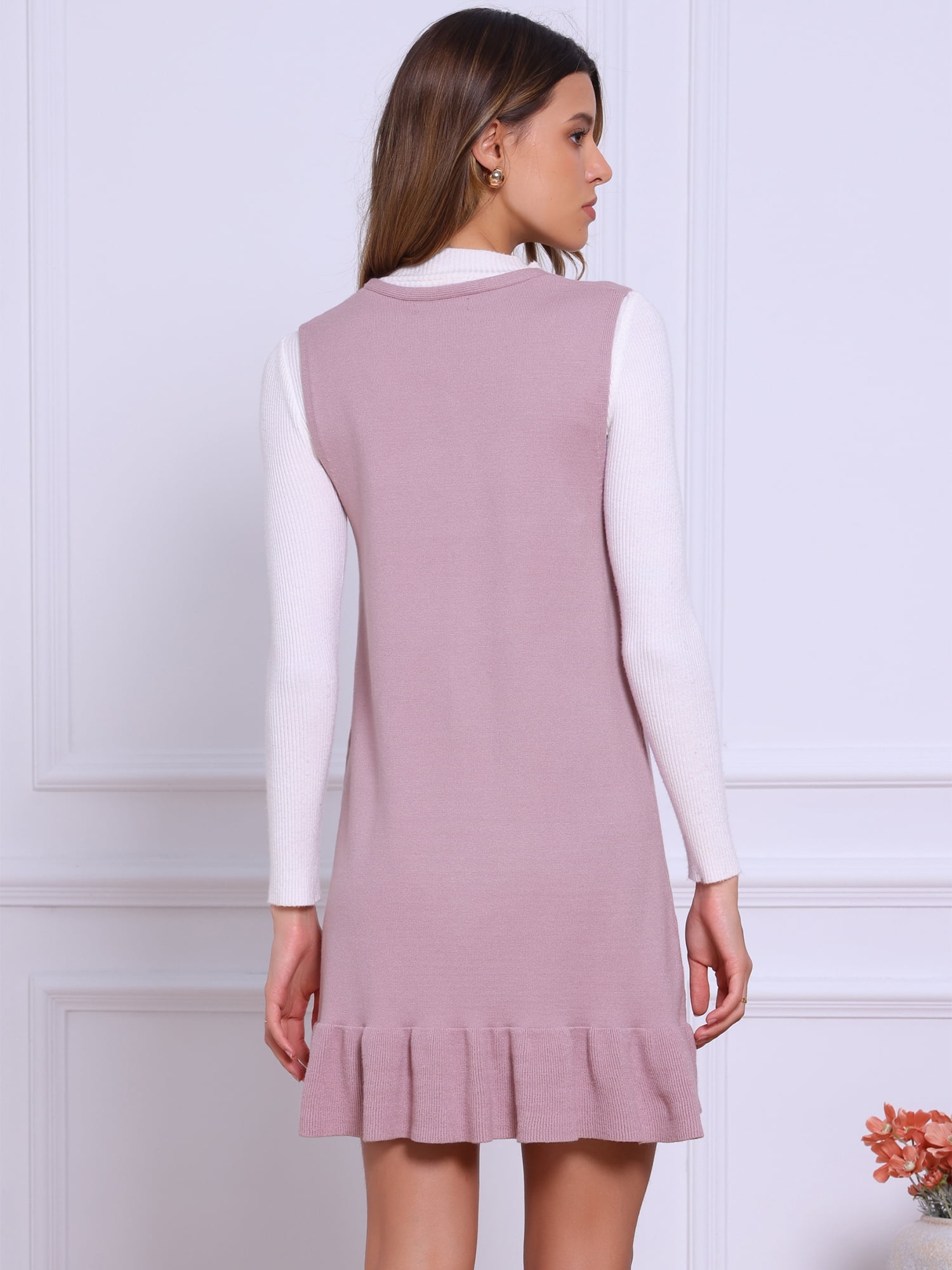 DARING DIVA Sweater Shift Chunky Knit Sleeveless V Neck Ruffle Mini Dress XL Dusty Pink