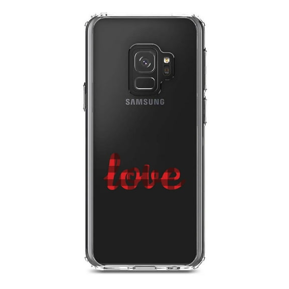 DistinctInk Clear Shockproof Hybrid Case for Samsung Galaxy S9 (5.8" Screen) - TPU Bumper Acrylic Back Tempered Glass Screen Protector - Buffalo Love - Red Black Plaid