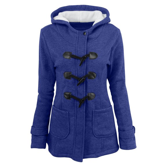 Baqcunre Hoodies For Women Women Solid Color Horn Buttons Sweatshirt Cardigan Padded Hooded Coat Jacket Overcoat Womens Jacket Fall Outfits Women Trendy Blue L
