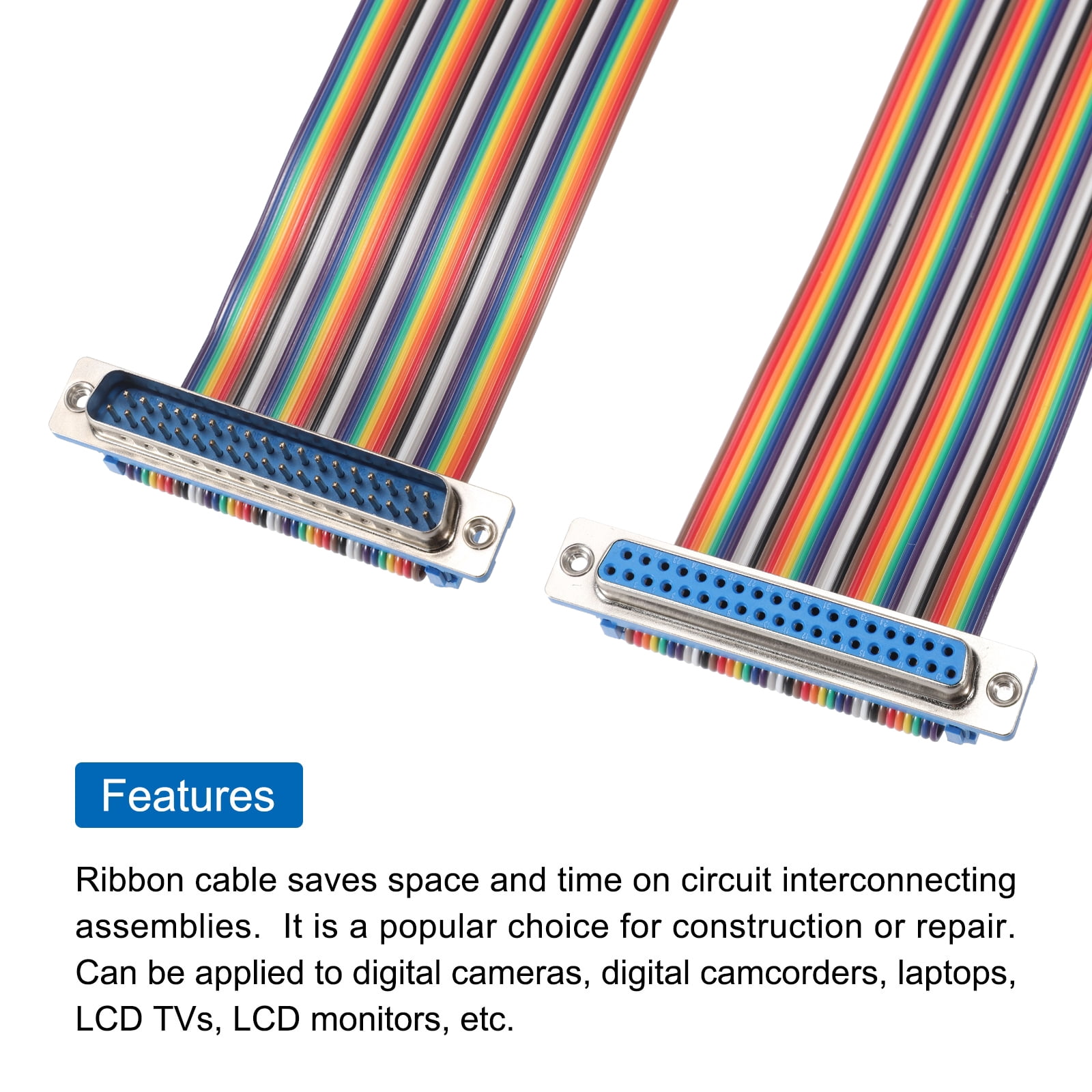 2 Pcs IDC Rainbow Wire Flat Ribbon Cable DB37 Male to DB37 Female 39 Inch Length 2.54mm Pitch Breadboard Jumper Wires for Electronic Projects