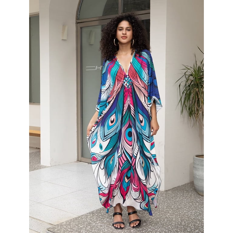 Plus Size Boho Kaftan Beach Cover Up - Floral V-Neck Kimono Sleeve Holiday Dress