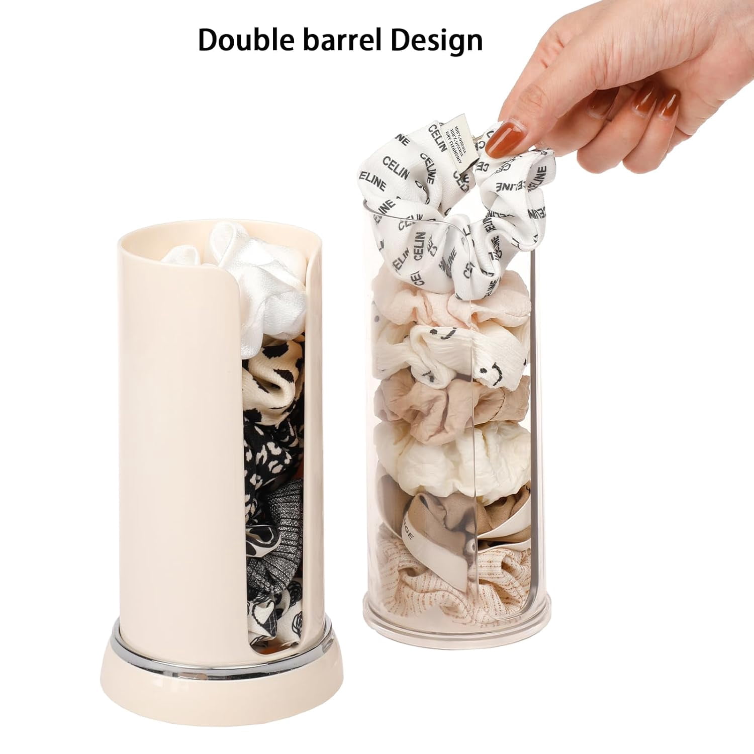 ABCISI Plastic Portable Scrunchie Holder, Double-Barrel Scrunchie Organizer - Clear Portable Hair Tie & Cotton Pads Holder for Bathroom & Travel​.（Cream-1PC）