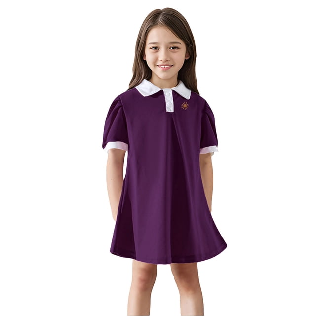 Robe d'Été pour Filles Robe Évasée à Volants Manches Courtes Col Robes pour Filles Robe de Mariage