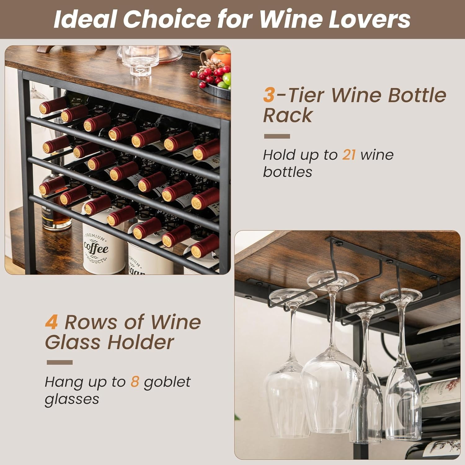 Wine Bar Cabinet with 3 Tier Wine Racks Wine Storage, Glasses Holder, Brown