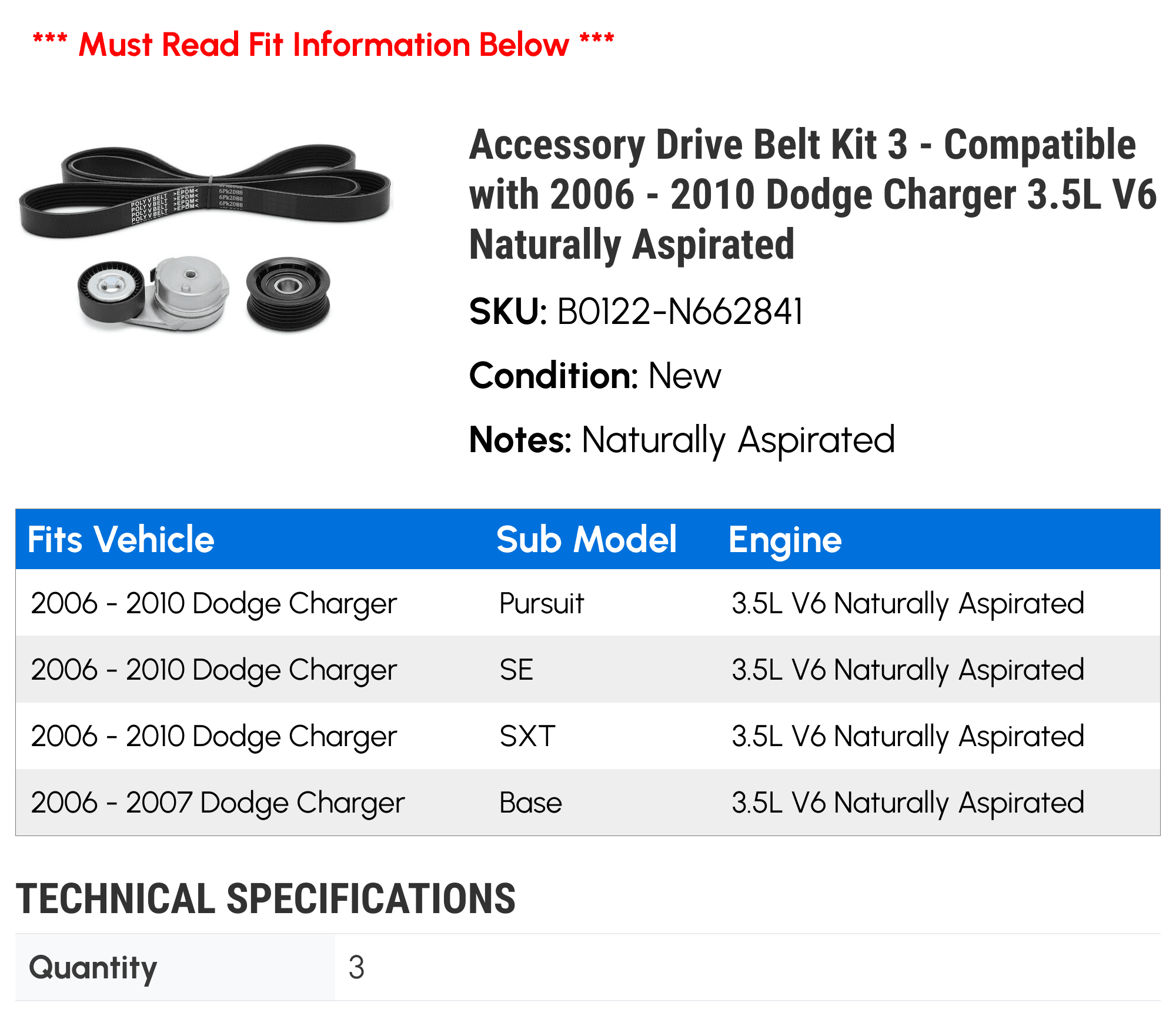 Accessory Drive Belt Kit 3 - Compatible with 2006 - 2010 Dodge Charger 3.5L V6 Naturally Aspirated - Autopart Premium