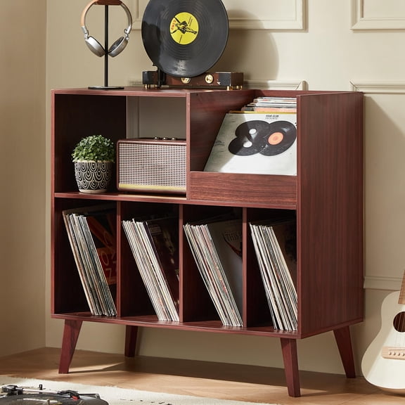 LELELINKY Record Storage Stand Holds 300 Albums, 4 Large Compartments Vinyl Display Cabinet for Living Room, Walnut