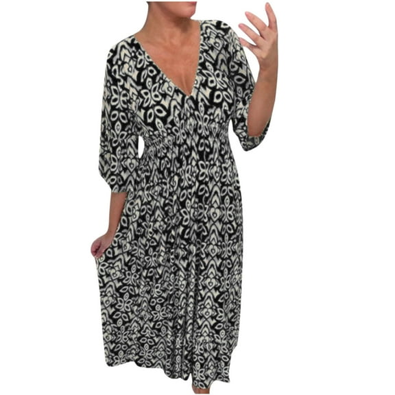 IROINNID Dress for Women 2023 Casual Cocktail Wedding Guest Dress Summer Elastic Waist V-Neck Print 3/4 Sleeve Loose Dress Surplice Dress,Black