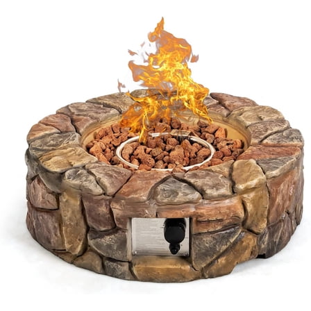 DORTALA Stone Propane Fire Pit, 28 Inch Propane Fire Pit Round w/Lava Rocks, PVC Cover, ETL Certified, Outdoor Gas Fire Pits for Outside Patio Garden Backyard, 40,000 BTU (Brown)