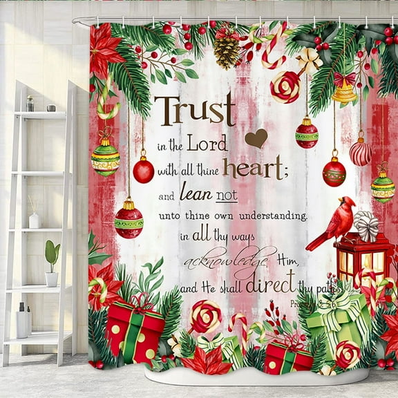 Winter Christmas Shower Curtain Set, Cute Xmas Holiday Tree Kids Inspirational Quotes Shower Curtains for Bathroom Decor Accessories, Red Country Wooden Fabric Bath Curtains, 72X72in