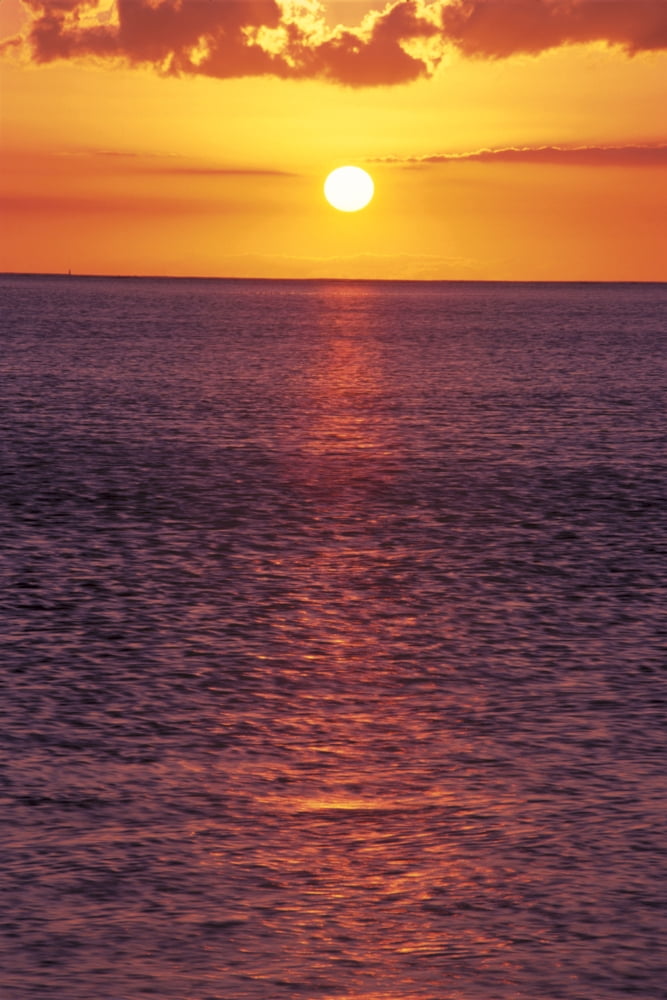 Golden Sun Ball Sunset With Orange Sky Over Ocean Purple Surface With Reflections Posterprint Walmart Com Walmart Com