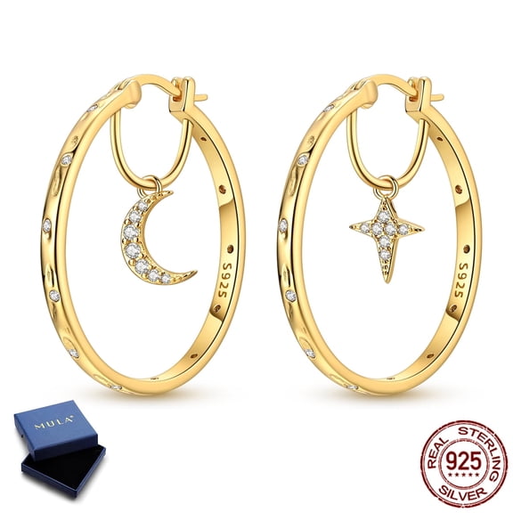 MULA 925 Sterling Silver Gold Plated Star Moon Pendant Hoop Earrings,30mm Sparkling AAA CZ Women's Jewelry Gift for Her